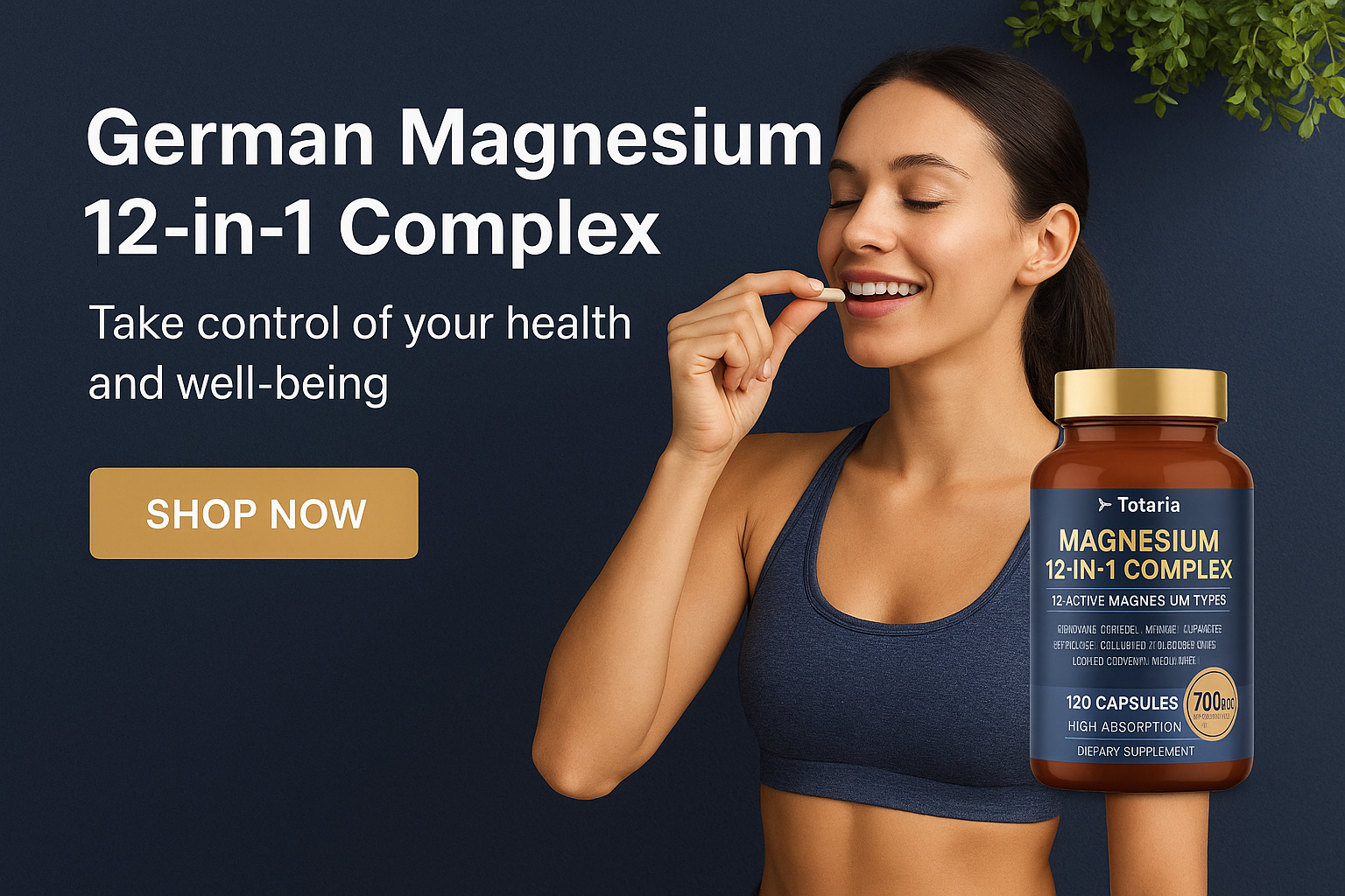 Totaria 12-in-1 Magnesium Complex bottle showing nutrition facts, recommended use, and safety information