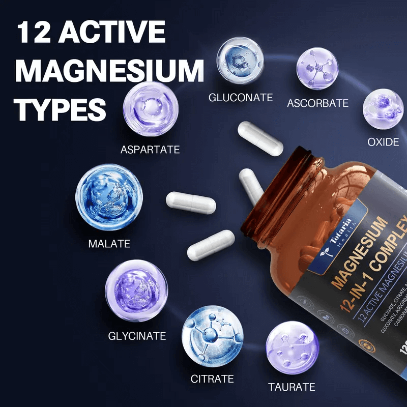 Totaria 12-in-1 Magnesium Complex 700mg  supplement featuring 12 essential minerals, with dosage instructions on bottle label.