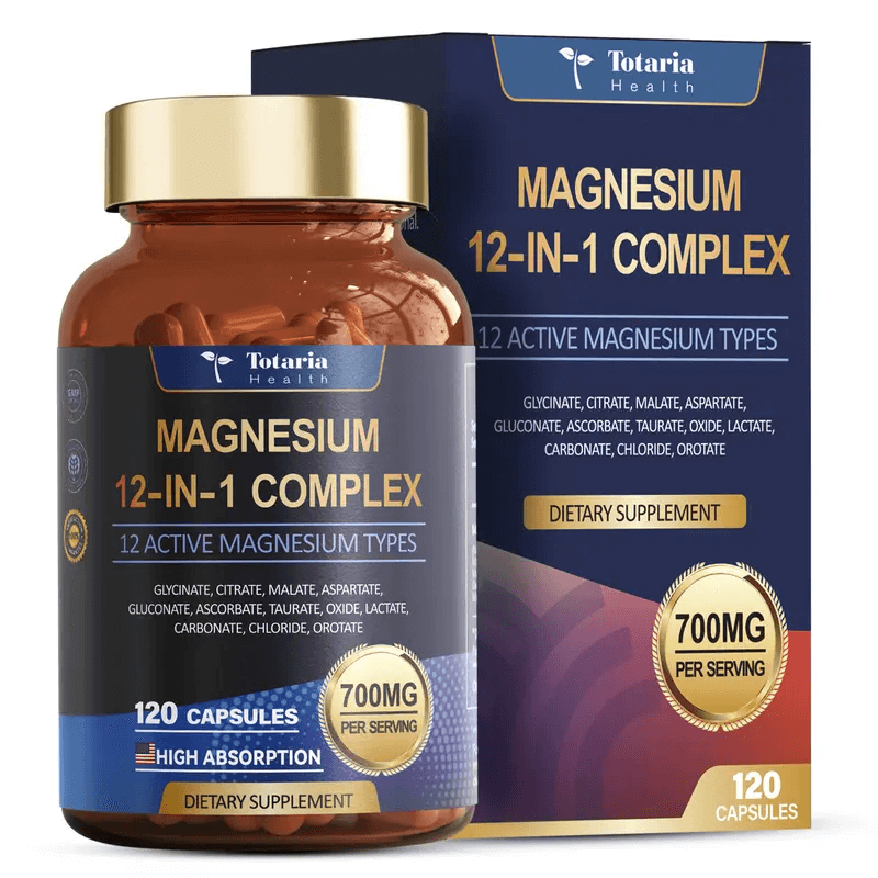 Totaria 12-in-1 Magnesium Complex 700mg dietary supplement with 12 active magnesium types in a capsule bottle.