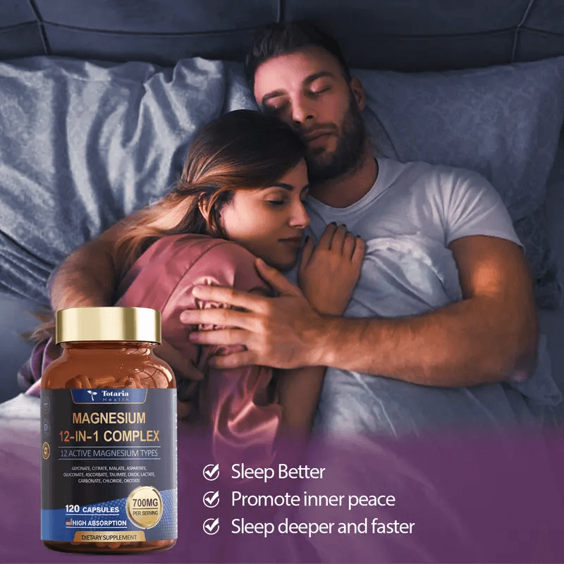 Totaria 12-in-1 Magnesium Complex bottle showing nutrition facts, recommended use, and safety information