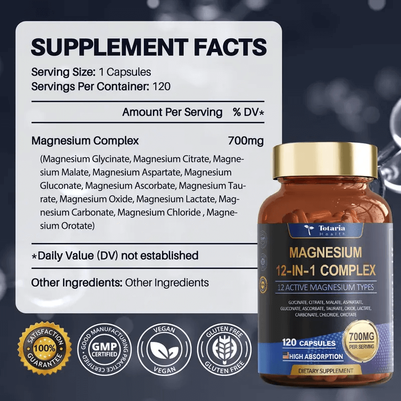 Totaria 12-in-1 Magnesium Complex 700mg supplement facts showing ingredients and high absorption features.