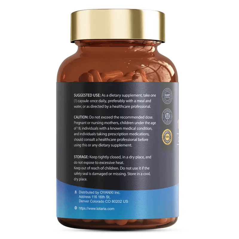 Totaria 12-in-1 Magnesium Complex 700mg supplement bottle with usage instructions and warnings on the label.