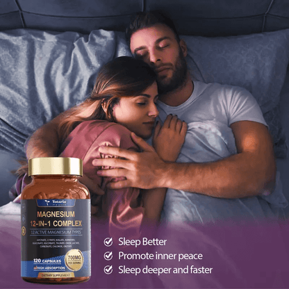 Totaria 12-in-1 Magnesium Complex bottle showing nutrition facts, recommended use, and safety information